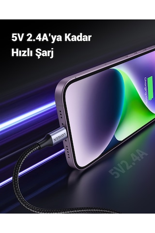 Ugreen Lightning - Usb-a Örgülü Mfi Sertifikalı Apple Uyumlu iPhone  Hızlı Şarj Kablosu, 1 M, Siyah, 60156