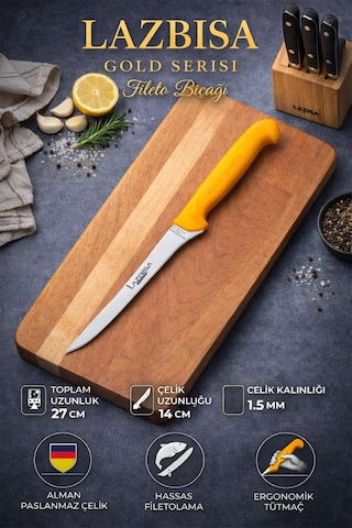 Lazbisa Mtf-057 Gold Incisive Serisi Balık Fileto Bıçağı Et Steak Bıçak Mutfak Bıçak Sarı