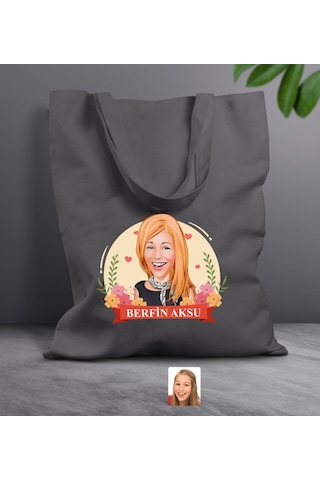 Bk Gift Kişiye Özel Anneler Günü Karikatürlü Antrasit Kumaş Bez Çanta, Baskılı Omuz Çantası, Alışveriş Çantası, Anneye Hediye-6 Antrasit