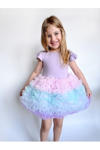 Linola Baby Kids Rainbow Tütü Etekli Kısa Kollu Çocuk Elbisesi Lila