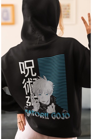 Sevbano Gojo Satoru Jujutsu Kaisen Anime Sırt Baskılı Unisex Oversize Pen Siyah
