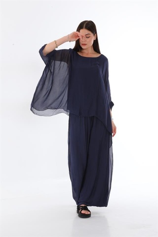 Bohem Stil İtalyan Yarasa Kol İpek Bluz & Pantolon Takım-8767 Lacivert