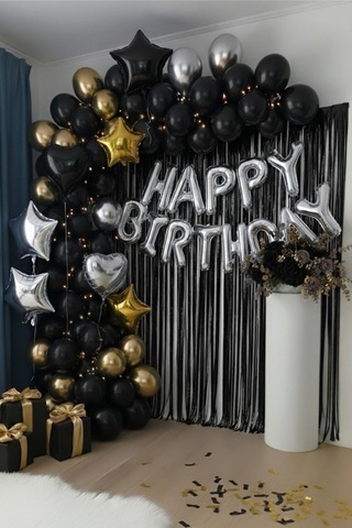 Gümüş Happy Birthday Folyo Balon Seti Siyah Gold Gümüş Doğum Günü Parti Seti Süsleri