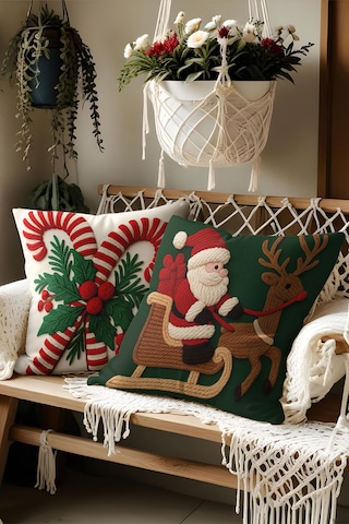 2 Li Yılbaşı Desenli, Çift Taraflı Baskı, Kırlent Kılıfı Seti Kırmızı - Yeşil