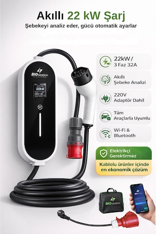 Bıgstation 22kw Taşınabilir Akıllı Ev Ac Şarj Cihazı Wi-fi Destekli 22 Kw Mobil Uygulama 5 Metre Kablolu