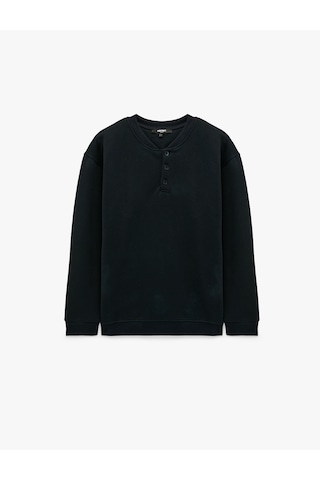 Koton Uzun Kollu Üç İplik Şardonlu Düğmeli Henley Yaka Sweatshirt Lacivert 7wam70199mk