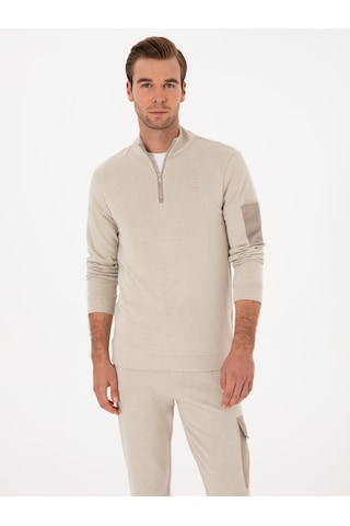 Bej Regular Fit Yarım Fermuarlı Sweatshirt