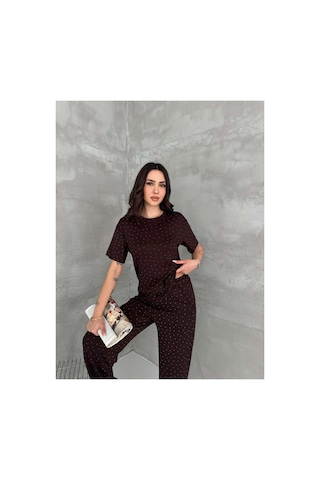 Asur Boutique Asur Butik Kadın Taşlı Bisiklet Yaka Alt Üst Takım Pantolonlu Şık Günlük Kombin Kahverengi
