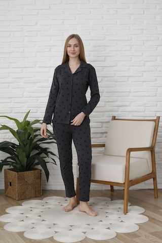 Fames Pijama Uzunkol Düğmeli Penye Pijama Takimi Kalpli Siyah