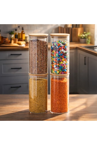 Porsima 417 4lü 1300 Ml Bambu Vakumlu Kapaklı Cam Kavanoz Seti Saklama Kabı 10x20cm Şeffaf