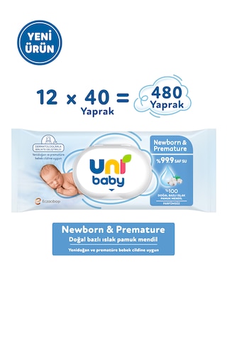 Uni Baby Newborn & Premature Yenidoğan Islak Pamuk Mendil 12x40 480 Yaprak 12'li Set