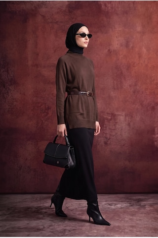Armine Trend Bisiklet Yaka Uzun Kollu Sade Rahat Kesim Tunik Kahverengi 26ktd419