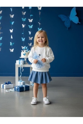 Zekids Kız Çocuk Pamuklu Mavi Çiçekli Sweatshirt-16554 Beyaz