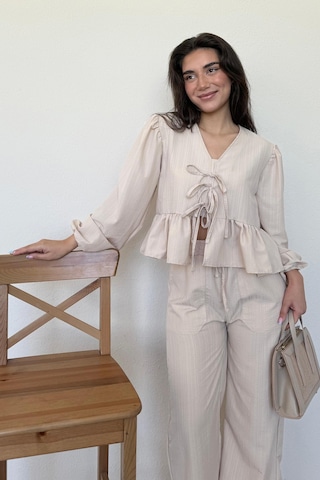 Madmext Bej Önü Bağlamalı Bluz Pantolon Takımı Mg2343 Bej