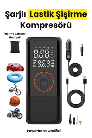 4500 Mah Şarjlı Taşınabilir Araba Lastik Hava Top Şişirme Pompası Led Işıklı Dijital Hava Kompresörü Siyah