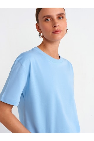 Dilvin 30312 Dekoratif Dikişli Bisiklet Yaka Tshirt-mavi Mavi