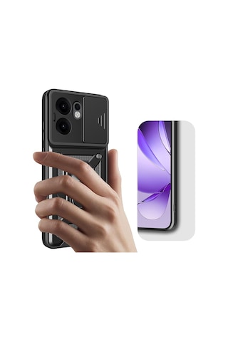 Oppo Reno 13f 5g Kılıf Magnetik Standlı Kamera Korumalı Zore Sürgülü Vega Kapak Siyah