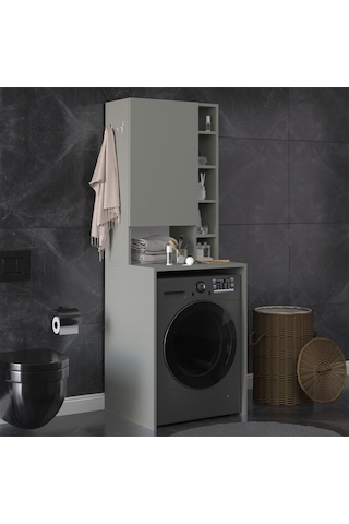 Asra Trend Çamaşır Makinesi Üstü Banyo Dolabı BD-02 %100 MDF Kapaklı Organizer Raf Kül Gri