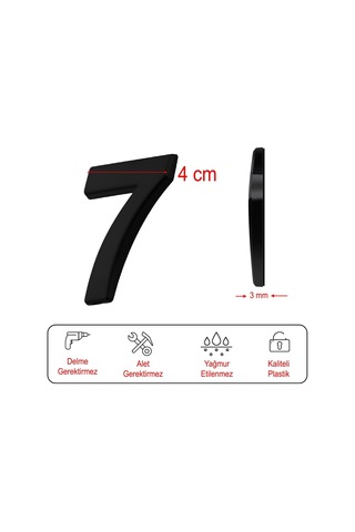 Lexroo Yapışkanlı Kapı Numarası Küçük Boy 50 Mm 5 Cm Numara 7 Rakam Yedi Sayı Siyah Renk Numaralar Standart