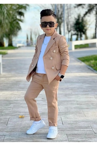 Modavals 4 Parça 6 Düğmeli Ceketli Erkek Çocuk Takım Elbise - Beyaz Tshırt Taba