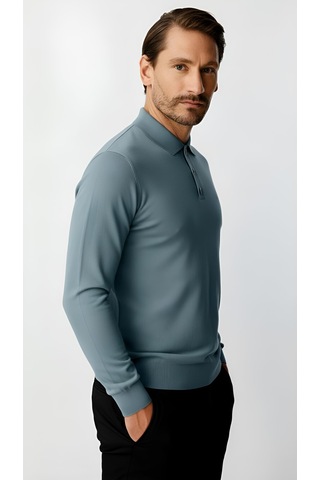 İgs İndigo Standart Fit Dar Kalıp Polo Yaka Düz Uzun Kollu Triko-21900 Mavi