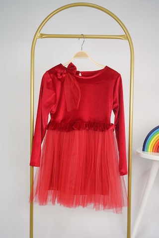 Kız Çocuk Yılbaşı Temalı Eteği Tül Astarlı Tokalı Kadife Uzun Kol Elbise Kırmızı
