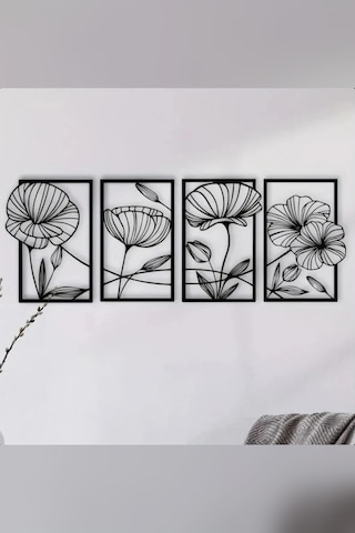 4 Parçalı Çiçek Desenli Duvar Dekoru Seti 23x2 Cm