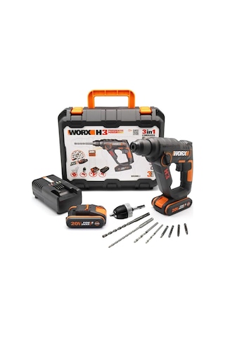 Worx WX390.1 20V 2.0Ah Li-ion Profesyonel SDS-Plus Pnömatik Çift Akülü Şarjlı Matkap + 8 Adet Uç + Mandren
