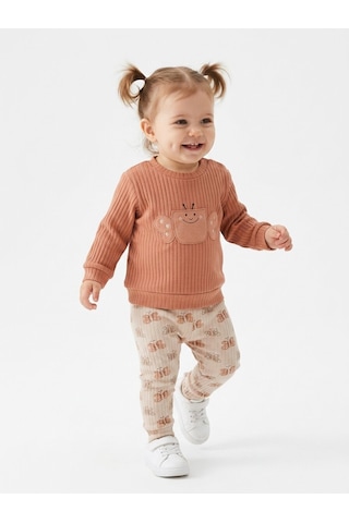 HelloBaby Pamuklu Kelebek Detaylı Taytlı 2li Kız Bebek Takım Kahverengi