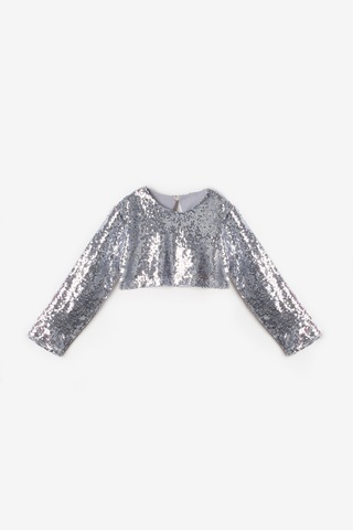 Le Mabelle Gümüş Uzun Kollu Pullu Kız Çocuk Crop Bluz Gümüş