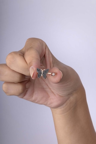 Gümüş Pazarım Oniks Taşlı Kelebek 925 Ayar Gümüş Kadın Ayarlamalı Yüzük Altın - Gümüş