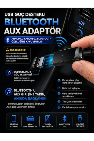 5.1 Aux Araç Kiti Bluetooth Çevirici Adaptör 3.5mm Jack Tak Çalıştır Kablosuz Müzik Alıcı 10m