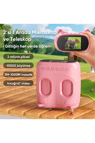387 Pembe 2'si 1 Arada Dijital Çocuk Mikroskobu & Dürbün - 1000x Büyütme, 1000 Metre Menzil, 2 Mp Full Hd Ekranlı Eğitici Bilim Kiti