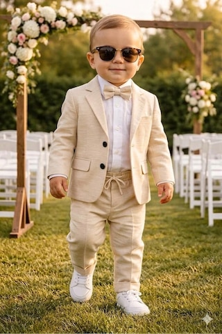 Baby Kids Colors Flamlı Keten Salaş Ceketli Takım Elbise/gömlek Pantolon Ceket Papyon Ay Grubu Zıbınlı Bej
