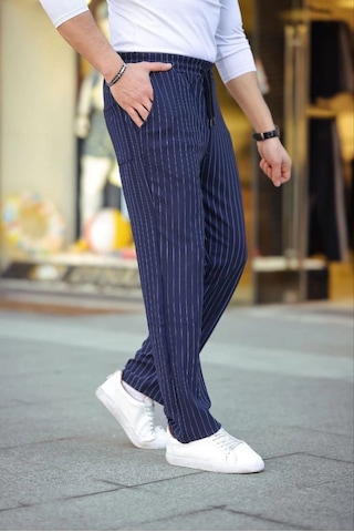 Cizgili Dokuma Krep Jogger Buggy Pantalon Rahat Kalıp - Lacivert