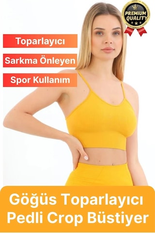 Svein Göğüs Toparlayıcı Sarkma Önleyen Gündelik Spor Kullanım İnce İp Askılı Pedli Çizgili Crop Büstiyer Sarı