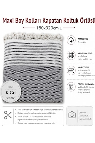 Pamuklu Kaymaz Hasır Dokuma Maxi Boy Kolları Örten Koltuk Örtüsü 180x310 - Koyu Gri