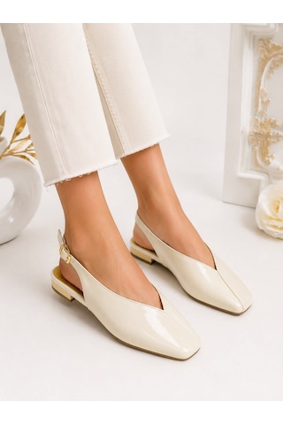 Dabab Shoes Lıvora Kadın Krem Kare Burun Tokalı Düz Taban Slingback Casual Babet Ayakkabı