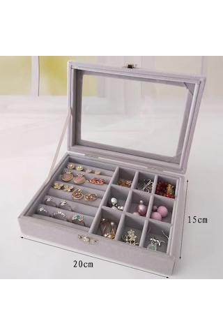 Springsun Gri Yeni Model Kadife Kapaklı Toz Koruyucu, Metal Paslanmayan Yüzük-küpe-çiçek Takı Saklama Kutusu 20x15.5x5 Cm Gri
