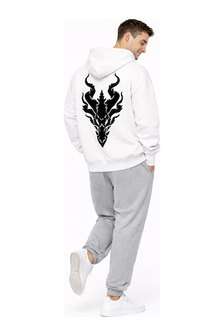 Nevermind Unisex Ejderha Baskılı Beyaz Sevgili Kombini Oversize Hoodie Seti