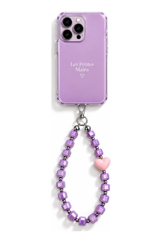 Les Petites Mains Mor Küp Boncuklu Pembe Kalp Detaylı El Yapımı Telefon Askısı