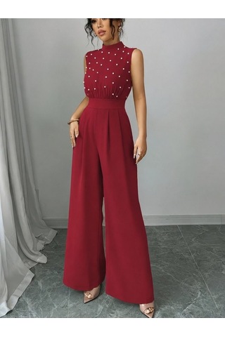 Dogutrend Kadın Balıkçı Yaka Kolsuz Incili Beli Kuşaklı Uzun Janjan Tulum Kırmızı