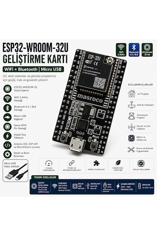 ESP-32U Wi-Fi & Bluetooth Geliştirme Modülü (Siyah PCB – SMA – U.FL/IPEX Dönüştürücü + USB Kablo Dahil)