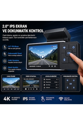 K12 Max 4k Ultra Hd Akıllı Araç Kamerası Ön 4k + Arka Hd Çift Kayıt, Adas, Wifi App Kontrolü, Gece Görüşü, 24 Saat Park Koruması