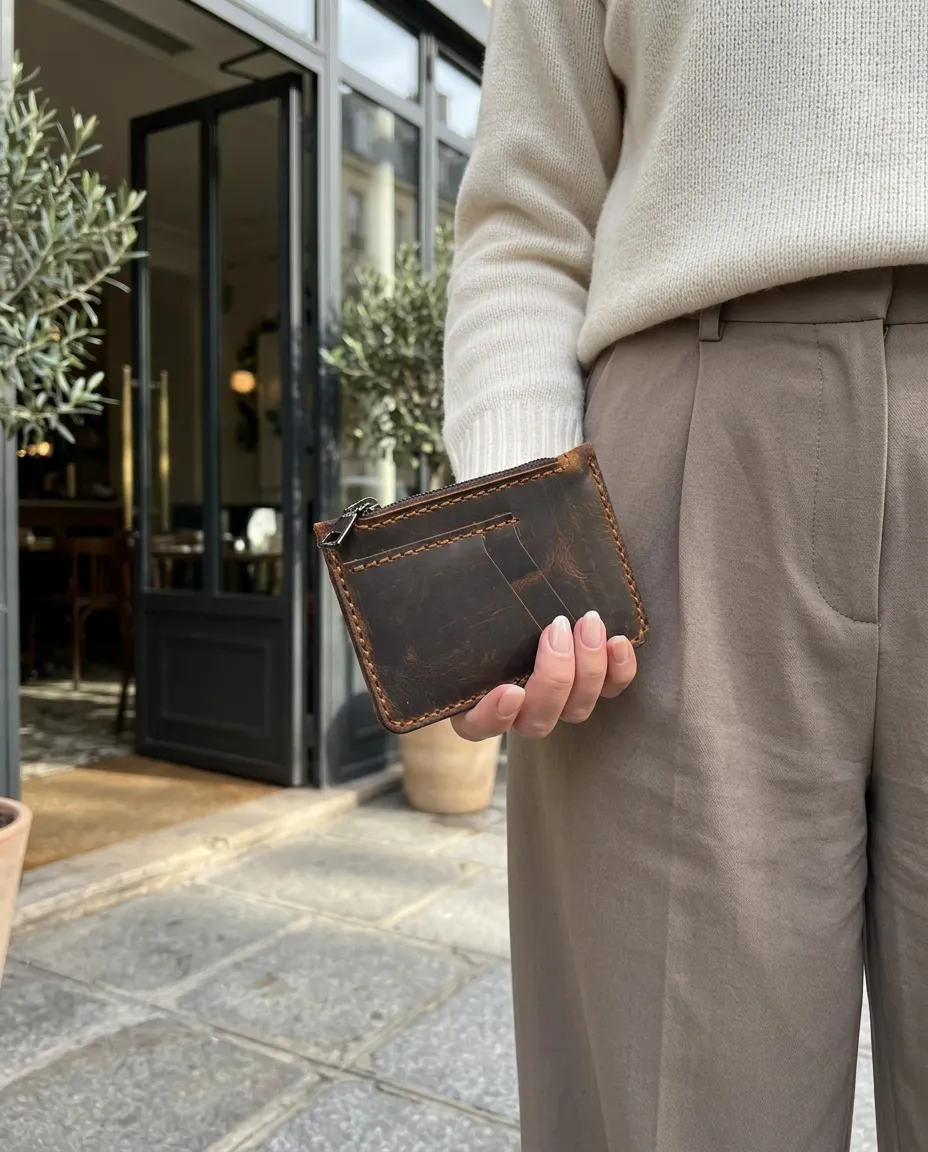 Natayleather %100 Hakiki Deri Taba / Vintage / Fermuarlı Mini Cüzdan İnce El Yapımı Unisex Kartlık 12 X 9 Cm