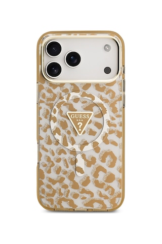 Apple Uyumlu iPhone 17 Pro Max Kılıf Guess Lisanslı M-safeli Üçgen Logolu Simli Leopar Desenli Kahverengi Kahverengi