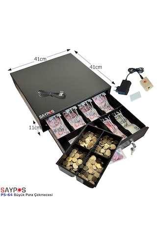 6 Banknot Gözlü Kolay Açma Buton Ve Adaptörlü, Anahtardan Açılır Para Çekmecesi 41x41x11cm