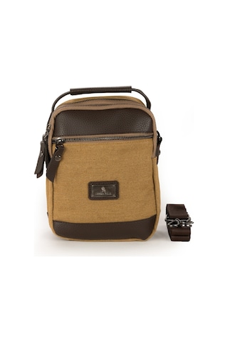 Kanvas Branda Kumaş Vinleks Suni Deri Detaylı Askılı Erkek El Ve Omuz Çantası Camel 573 Camel
