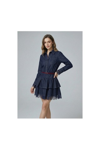 Meecy Kemerli Gömlek Yaka Dantel Garnili Jean Elbise Romantik Stil Mini Denim Elbise Lacivert Lacivert