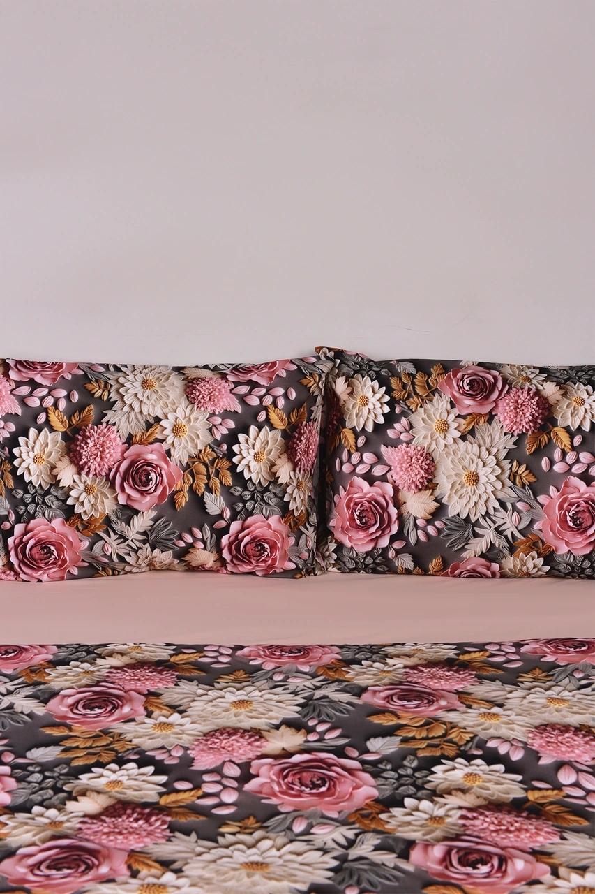 3d Çiçek Desenli Çift Kişilik Nevresim Takımı %100 Pamuk Beyaz